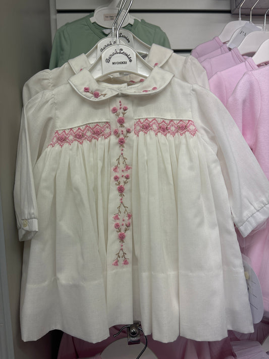 Sarah Louise white & pink smocked rose bud dress AW24 013356