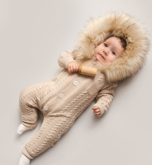 Cable knit snowsuit with faux fur hood