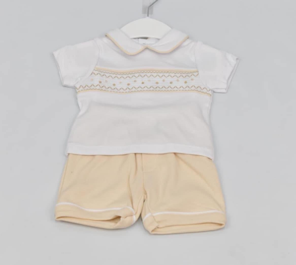 Boys white & beige smocked shorts set