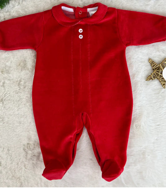 Babies red velour sleepsuit