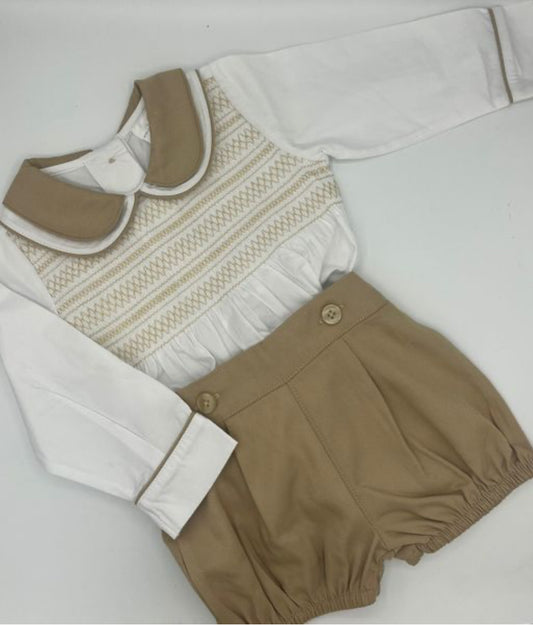 Beige smocked baby & older boys sets