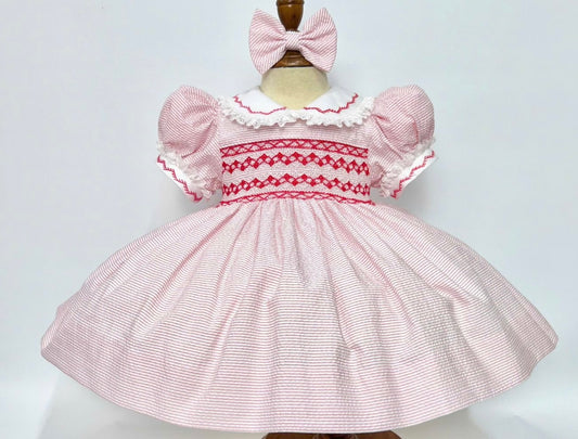 Red & white striped smocked dress