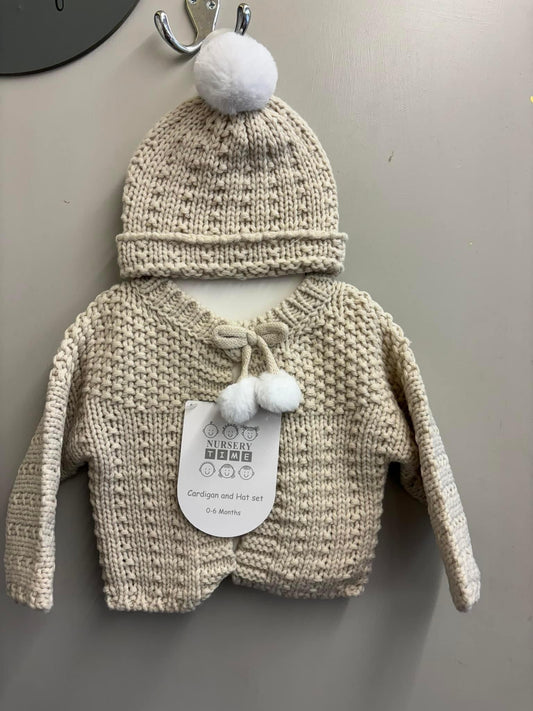 Babies beige chunky knitted cardigan & hat