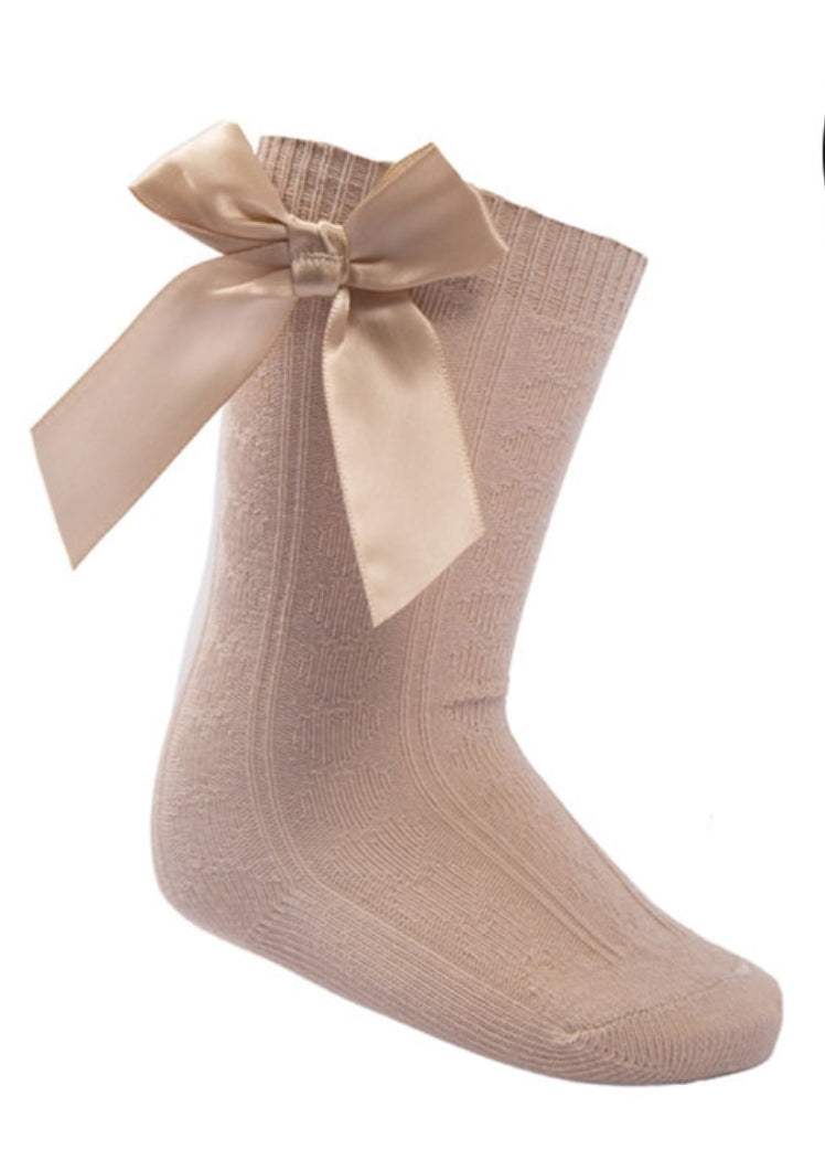 Baby & older girls camel knee high bow socks