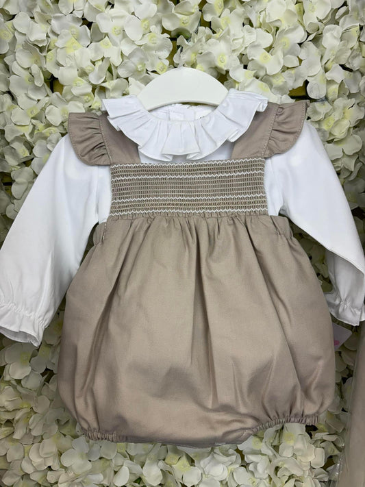 Baby girls beige smocked romper 12m