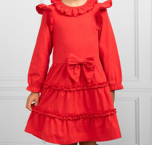 Caramelo girls long sleeved tiered red dress AW24