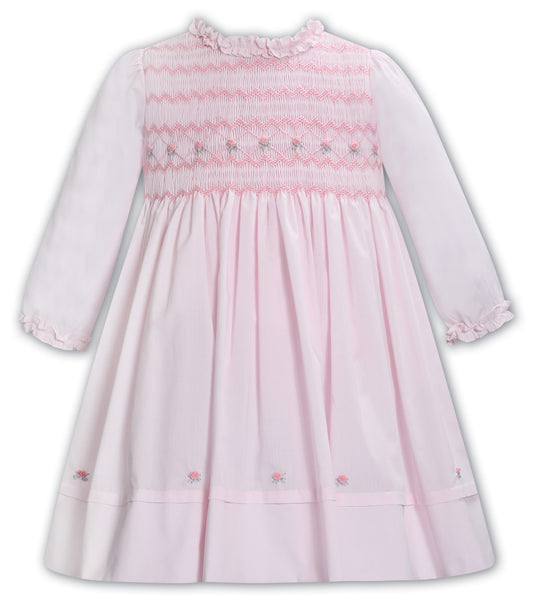 Sarah Louise pink & grey smocked dress AW24 013383