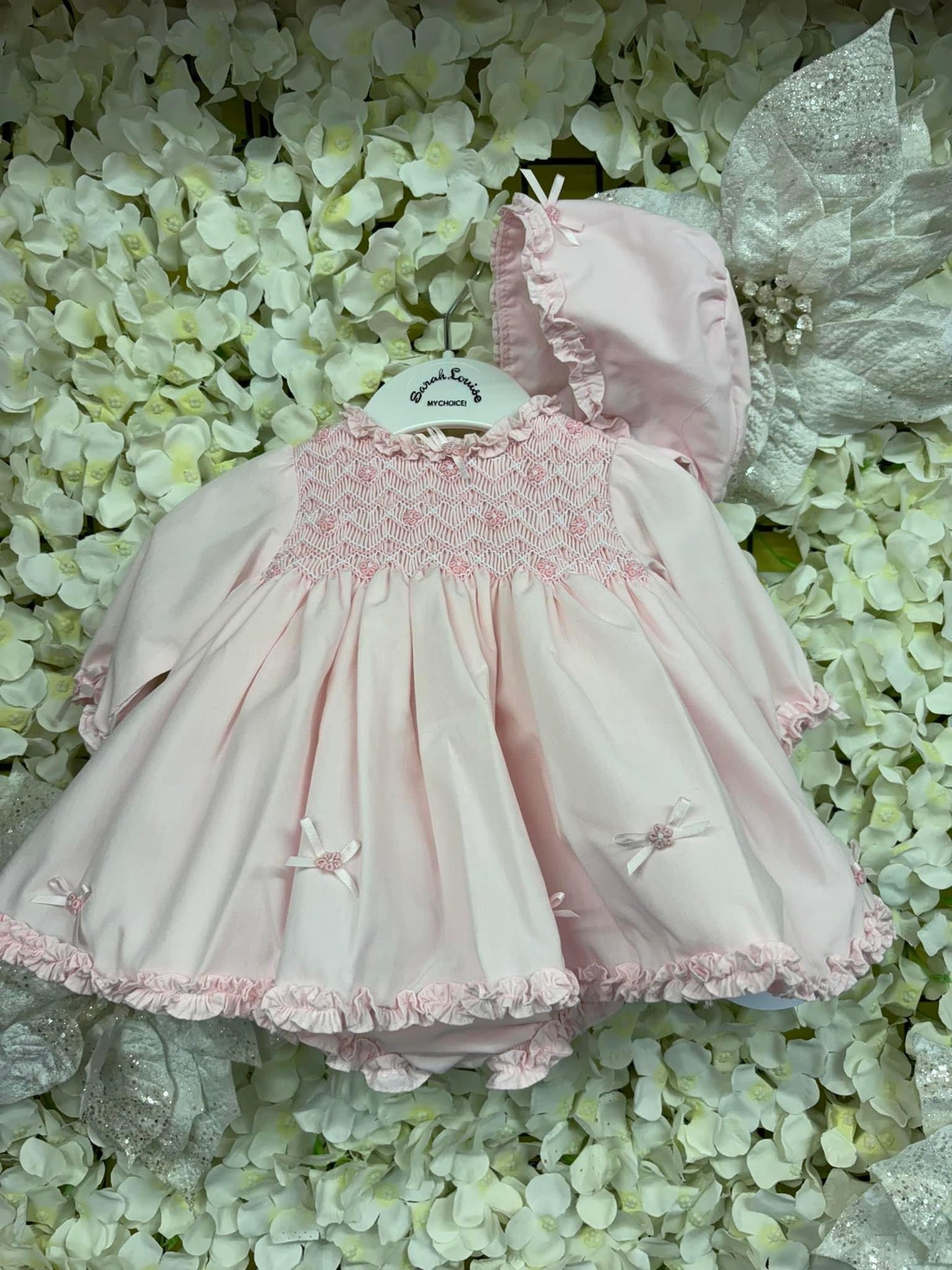 Sarah Louise pink smocked dress, knickers & bonnet AW24 013347