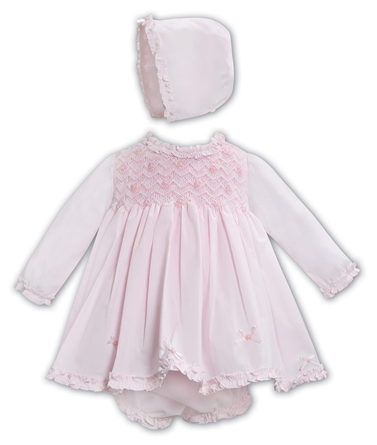 Sarah Louise pink smocked dress, knickers & bonnet AW24 013347