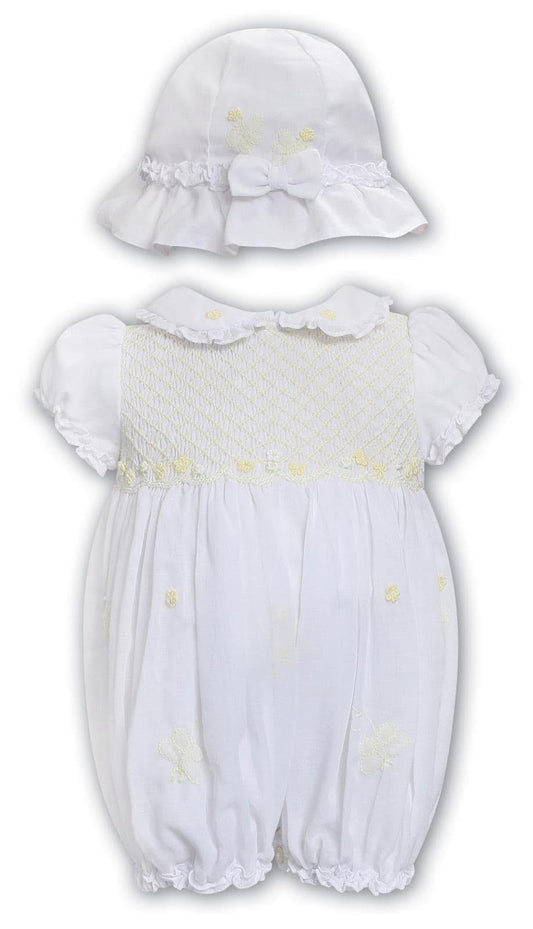 Sarah Louise lemon smocked bubble romper & hat SS25 013572 Pre order