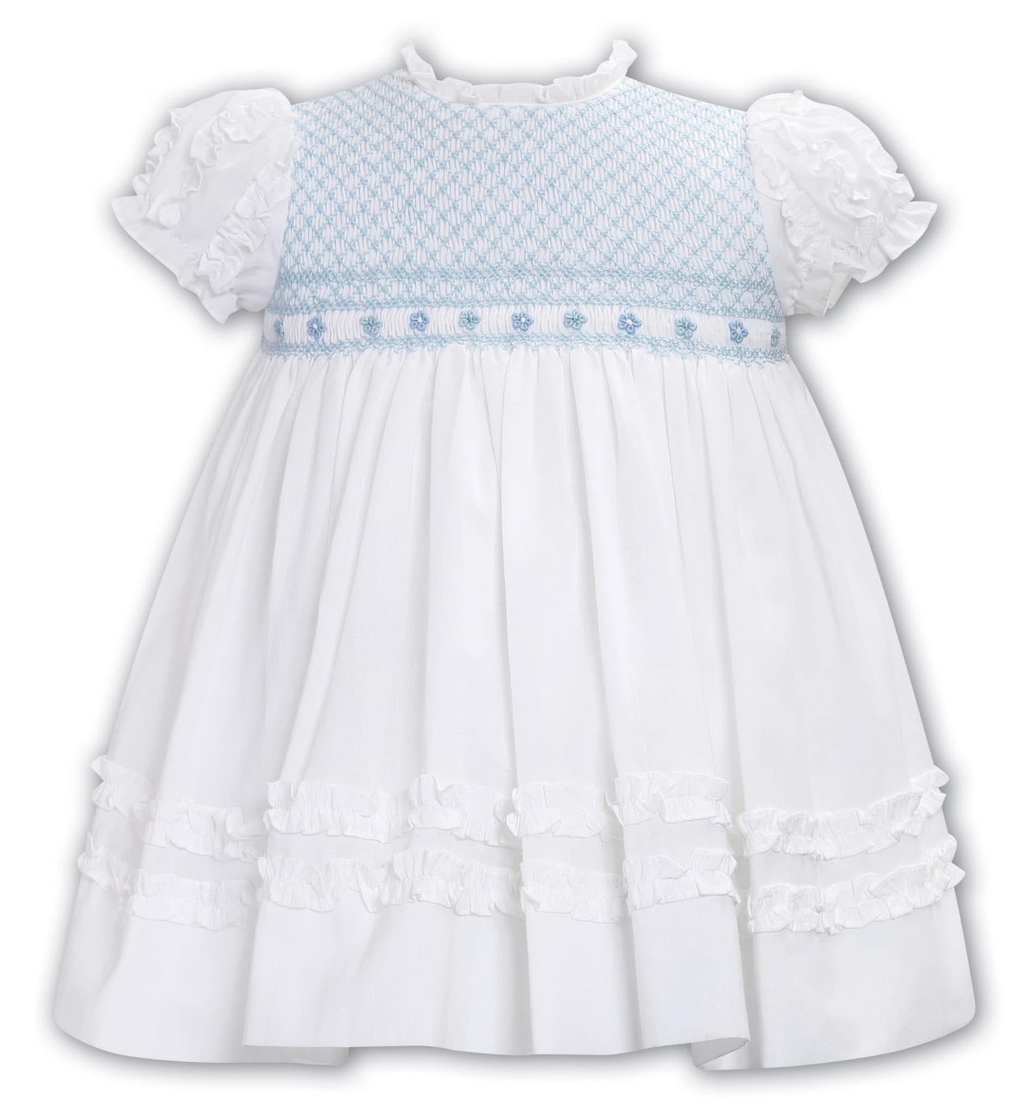 Sarah Louise white & blue smocked dress SS25 013619