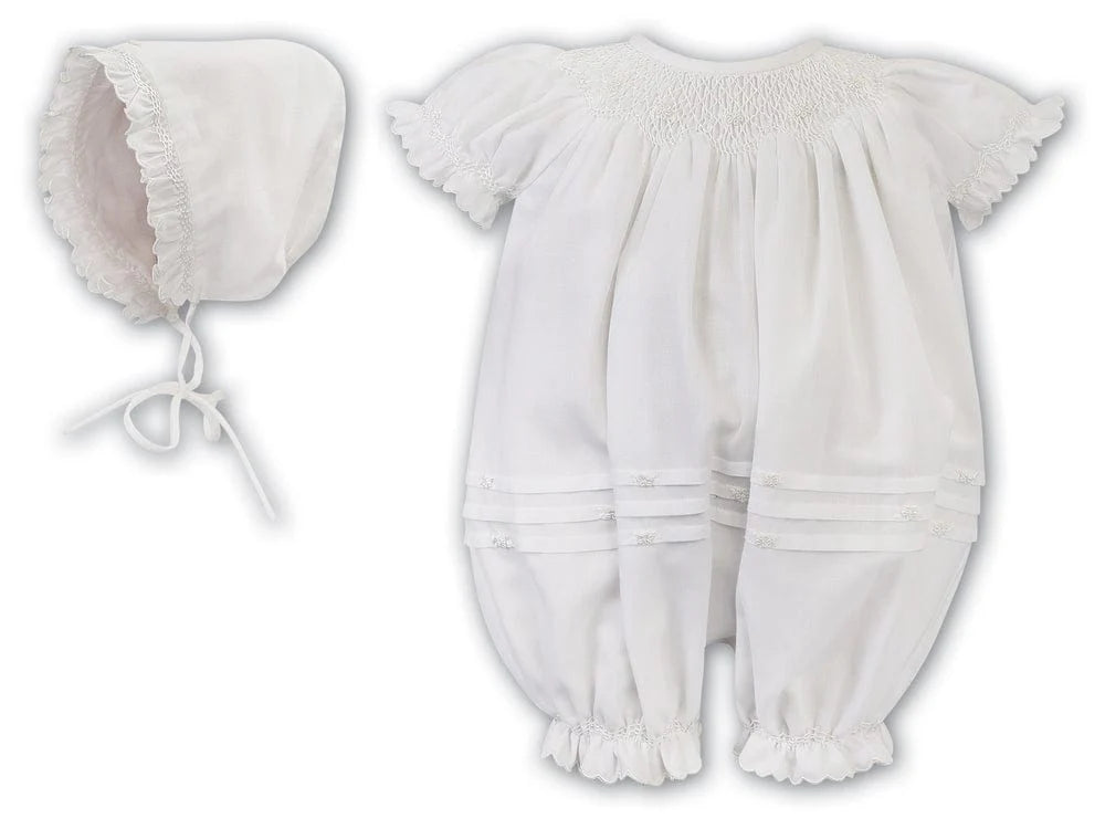 Sarah Louise smocked bubble romper & bonnet SS25 001194