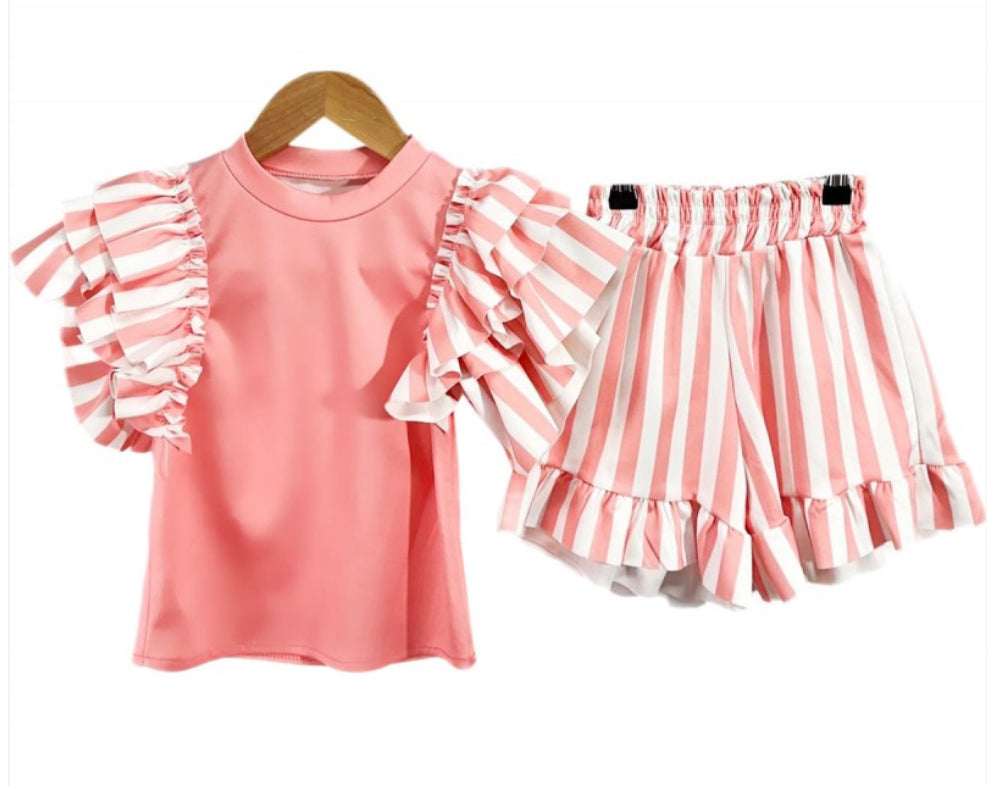 Girls coral striped shorts set