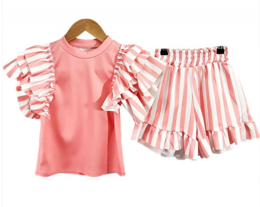 Girls coral striped shorts set